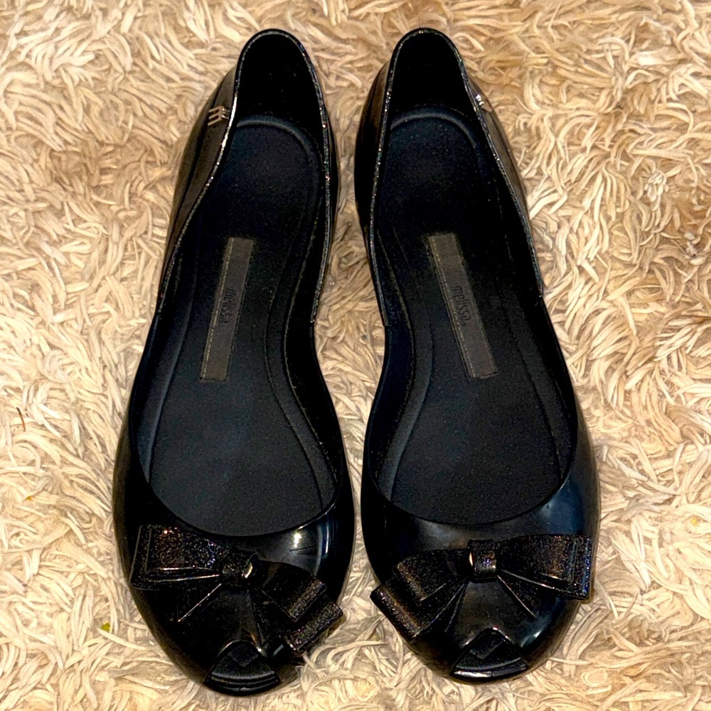 Melissa Elegant Black Peep-Toe Jelly Flats with Bow - 6